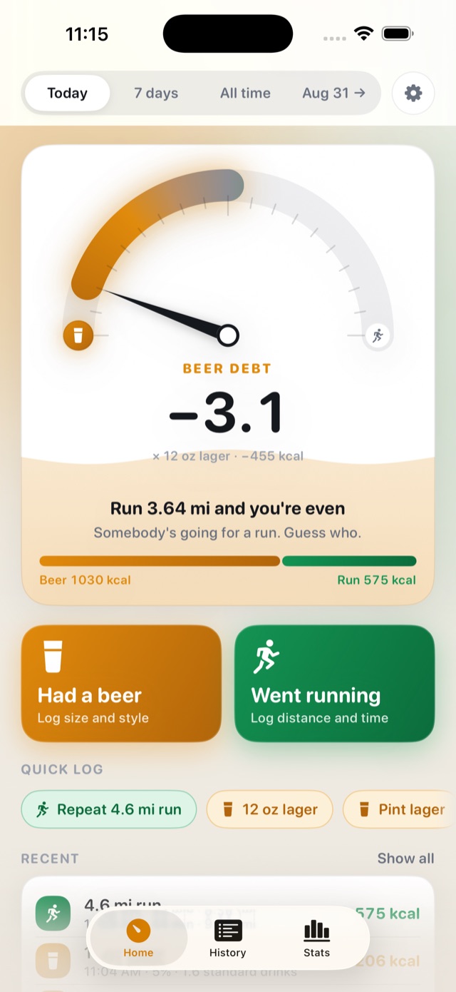 Home screen with the gauge on beer debt: −3.1 beers, run 3.64 mi and you're even