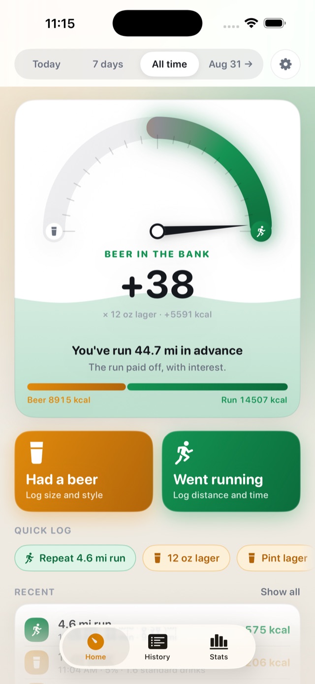 Home screen with beer in the bank: +38 beers