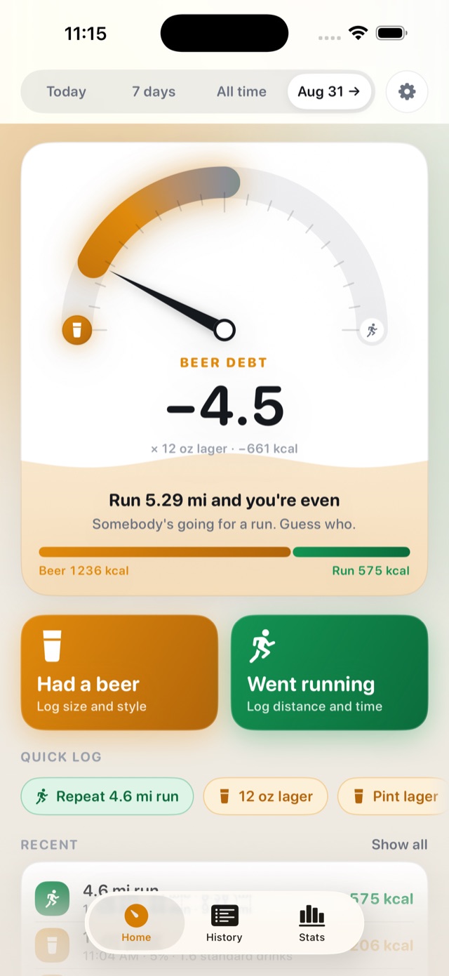 Home screen with a custom period selected, from August 31