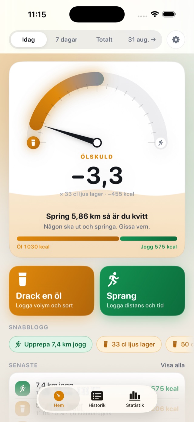 Hemskärmen med mätaren på ölskuld: −3,3 öl, spring 5,86 km så är du kvitt
